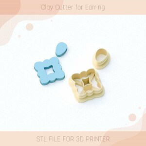 以下が含まれることがあります： イヤリング用の粘土カッター4個セット。カッターはベージュのプラスチック製で、中央に小さな正方形がくり抜かれた正方形の形をしています。小さな楕円形のカッターも含まれています。白い表面に「STL FILE FOR 3D PRINTER」というテキストが印刷されています。