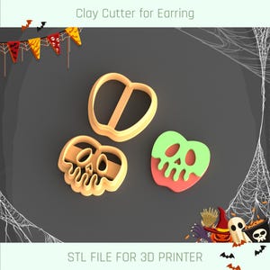Puede incluir: Tres cortadores de galletas impresos en 3D para hacer golosinas con temática de Halloween. Los cortadores tienen forma de corazón, calavera y manzana envenenada. Los cortadores están hechos para usar con arcilla polimérica.