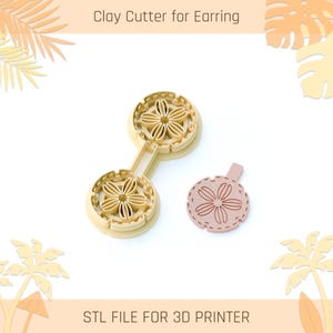 May include: A beige clay cutter for earrings, featuring two connected circular molds with floral designs, and a separate, finished earring in pink. The text "Clay Cutter for Earring" and "STL FILE FOR 3D PRINTER" are visible.