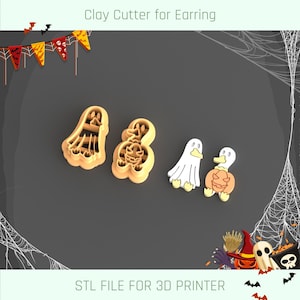 Könnte beinhalten: Ton-Ausstecher für Ohrringe im Halloween-Design. Die Ausstecher haben die Form von Geistern und Kürbissen. Der Text "Clay Cutter for Earring" und "STL FILE FOR 3D PRINTER" sind sichtbar.