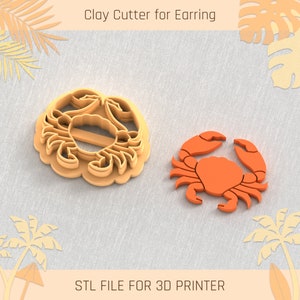 Puede incluir: Un cortador de arcilla de color naranja claro con forma de cangrejo y un pendiente con forma de cangrejo naranja. Se muestra el texto "Clay Cutter for Earring" y "STL FILE FOR 3D PRINTER".