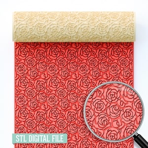 May include: A beige rolling pin with a rose pattern is shown above a red surface with the same rose pattern. A magnifying glass shows a close-up of the rose pattern. The text "STL DIGITAL FILE" is at the bottom.