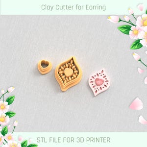 May include: Clay cutters for earrings in various shapes. Includes a heart and two ornate leaf-shaped designs. The text "Clay Cutter for Earring" and "STL FILE FOR 3D PRINTER" are visible.
