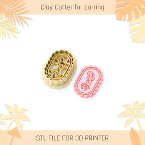 May include: Two clay cutters for earrings. One is beige and the other is pink. Both cutters are oval-shaped with a scalloped border and a squid design. The text "Clay Cutter for Earring" and "STL FILE FOR 3D PRINTER" are visible.