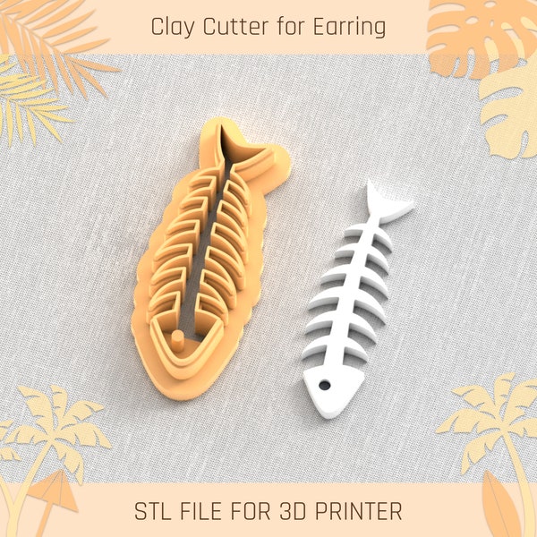 Fish Bones Polymer Clay Cutter, Fish Bones Earring, Summer Clay Cutters, 4 Maten, STL Earring, Digitaal STL-bestand