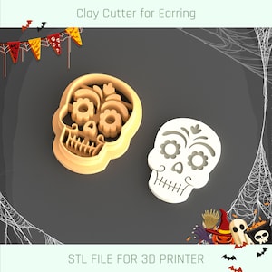 Puede incluir: Dos cortadores de galletas de calavera de azúcar impresos en 3D. Los cortadores son blancos y beige y tienen un diseño detallado. ARCHIVO STL PARA IMPRESORA 3D.