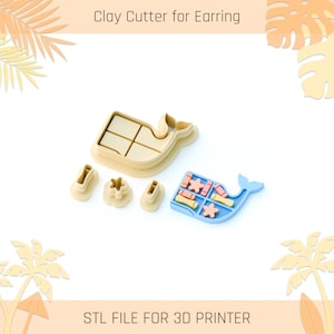 Può includere: Un set di tagliapasta a forma di balena per orecchini, che include un tagliapasta beige grande, uno blu grande e tre tagliapasta più piccoli. Il testo Clay Cutter for Earring e STL FILE FOR 3D PRINTER è visibile nell'immagine.