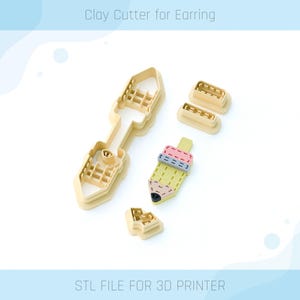 May include: Clay cutters for earrings in various shapes, including a pencil and a tool. The cutters are beige and designed for use with clay. The text "Clay Cutter for Earring" and "STL FILE FOR 3D PRINTER" are visible.