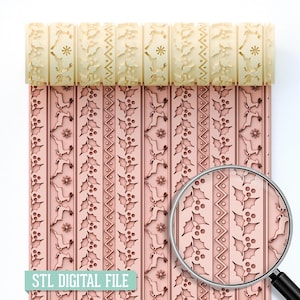 May include: A beige rolling pin with a repeating pattern of snowflakes, holly, and reindeer. The rolling pin is shown on a pink surface with the same pattern. The text "STL DIGITAL FILE" is at the bottom.