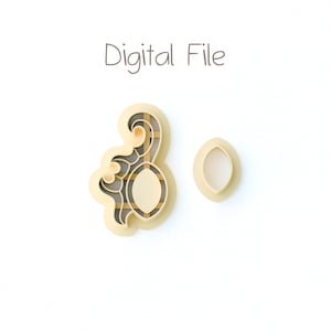 May include: A light beige cookie cutter set featuring a complex, swirling, organic shape with an internal grid pattern and a separate, smaller, simple oval-shaped cutter. The text Digital File is printed in a dark gray font above the objects.