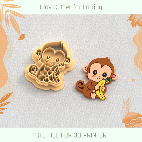 Cute Monkey wit banana Clay Cutter, Fall Autumn Earring Clay Cutter, 5 Sizes, STL Earring, Digital STL File