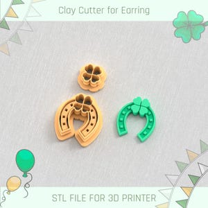 May include: Three 3D printed clay cutters for earrings. The cutters are shaped like a horseshoe with a four-leaf clover on top, a four-leaf clover, and a horseshoe with a four-leaf clover on top. STL FILE FOR 3D PRINTER.