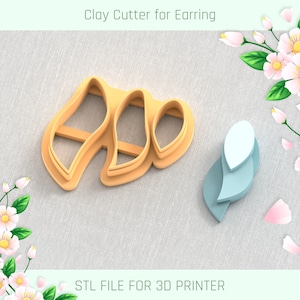 May include: A 3D printed clay cutter for earrings, featuring three leaf shapes. The cutter is made of light brown plastic and is shown on a light grey fabric background. The image also shows a blue version of the cutter, which is a 3D rendering of the final product.