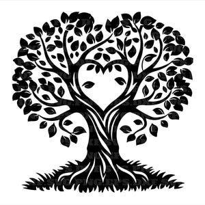May include: Black and white illustration of a tree with a heart-shaped design in the center of the branches. The tree has a full canopy of leaves and a detailed trunk and roots, set against a white background.