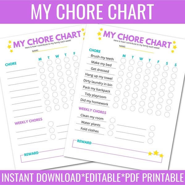 PRINTABLE Kids Chore Chart,Kids Chore Chart Editable,Daily Routine,Child Responsibility Chart, Reward Chart,Toddler Reward Chart,Checklist