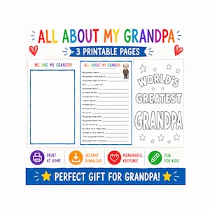 Op de afbeelding: Drie printbare pagina's getiteld ALL ABOUT MY GRANDPA met kleurrijke tekst en rode harten. De set bevat een leeg kader voor een tekening, een invulvragenlijst met een cartoon-opa en een kleurplaat met de tekst WORLD'S GREATEST GRANDPA.