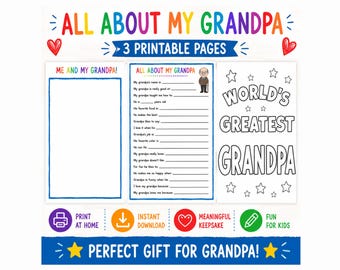 All About My Grandpa Questionnaire | Kids Fill-in-the-Blank (Instant Download) | Grandparents Dad