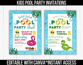 Splish Splash Pool Party Birthday Invitation for Kids, Editable Canva Template with Boy and Girl Options, Fun Summer Water Theme Printable