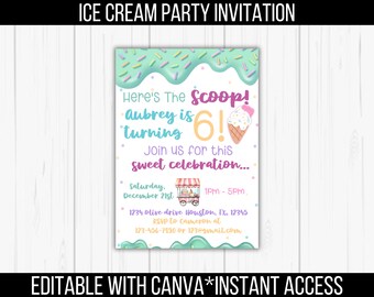 Editable Ice Cream Birthday Invitation, Here's the Scoop Editable Ice Cream Birthday Invitation for Kids in Pastel Colors