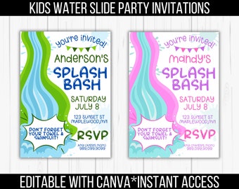 Editable Water Slide Birthday Invitation, 2 Versions for Boys and Girls