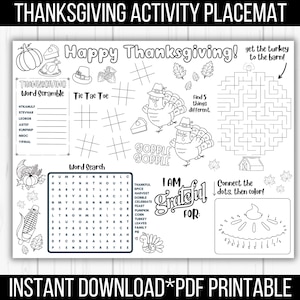 Thanksgiving Activity Placemat for Kids, Thanksgiving Coloring Placemat