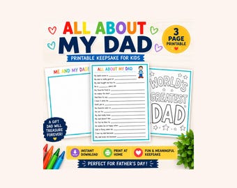 FATHER'S DAY GIFT | All About My Dad Printable | |Kids Fathers Day | Dad Gift | Fill in the blank Father's Day Card | Instant Download |