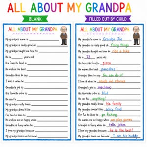 Op de afbeelding: Twee printbare All About My Grandpa activiteitenbladen met een blauwe rand en een cartoonillustratie van een grootvader. E&eacute;n blad is leeg om in te vullen, en de andere is ingevuld met handgeschreven antwoorden in diverse kleuren inkt.