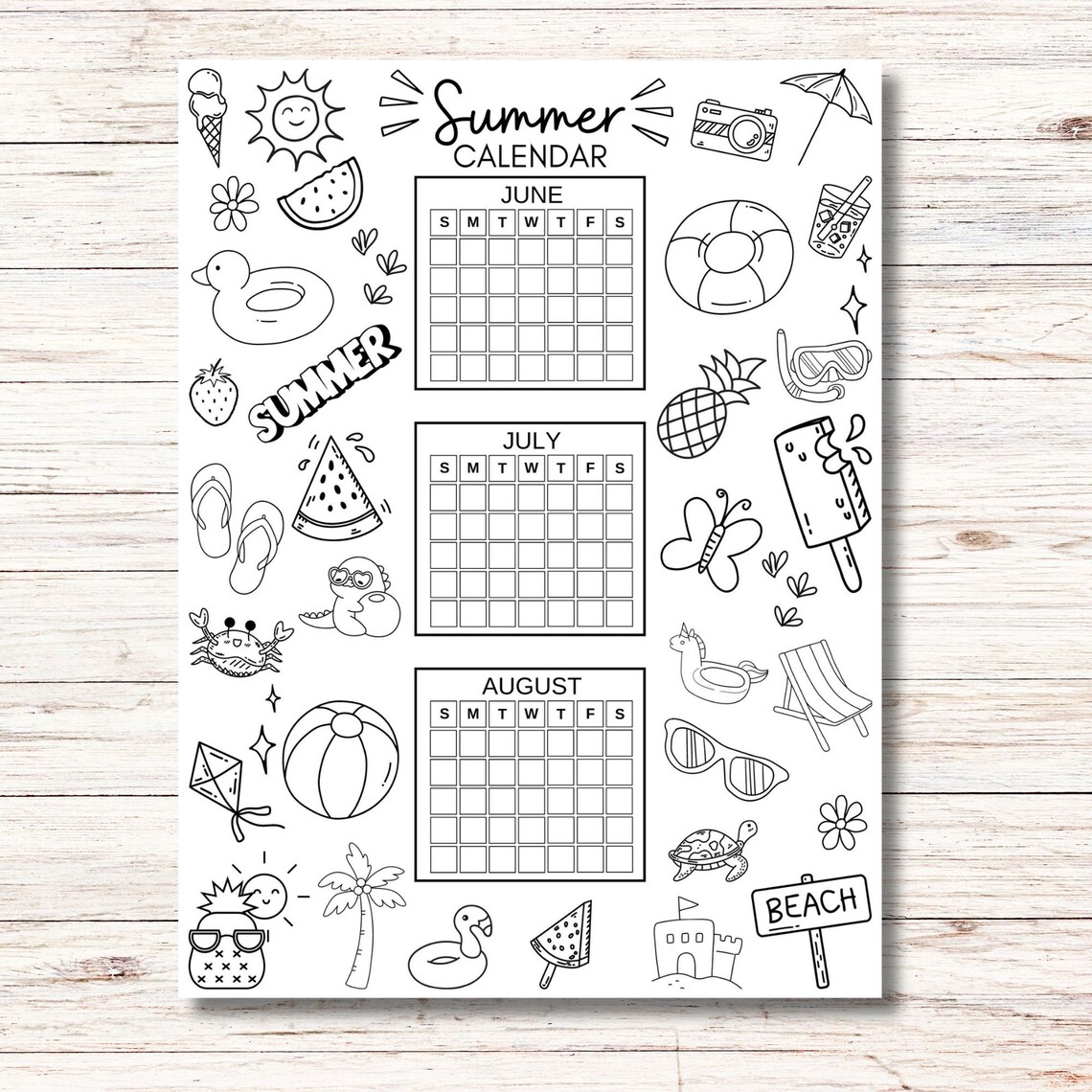 Printable SUMMER CALENDAR Coloring Page Poster Printable Summer