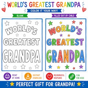 Op de afbeelding: Twee rechthoekige kleurplaten met de tekst WORLD'S GREATEST GRANDPA in dikke letters omringd door sterren. De linkerpagina is blanco met zwarte lijnen, terwijl de rechterpagina is ingekleurd met diverse kleuren door een kind.