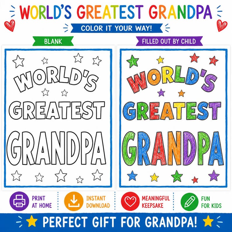 Op de afbeelding: Twee rechthoekige kleurplaten met de tekst WORLD'S GREATEST GRANDPA in dikke letters omringd door sterren. De linkerpagina is blanco met zwarte lijnen, terwijl de rechterpagina is ingekleurd met diverse kleuren door een kind.