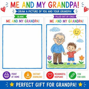 Op de afbeelding: Een printbaar activiteitenblad getiteld ME AND MY GRANDPA! met een leeg kader om te tekenen en een ingevuld voorbeeld met een kind en grootvader in een landschap met zon, wolken en bloemen. Bevat iconen voor printen en downloaden.