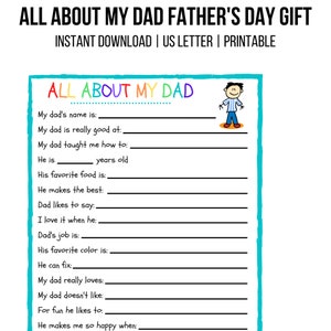 VATERTAG GESCHENK | Alles über meinen Vater | |Kinder Vatertag | Papa Geschenk | Füllen Sie die blanko Vatertagskarte | Sofortdownload |