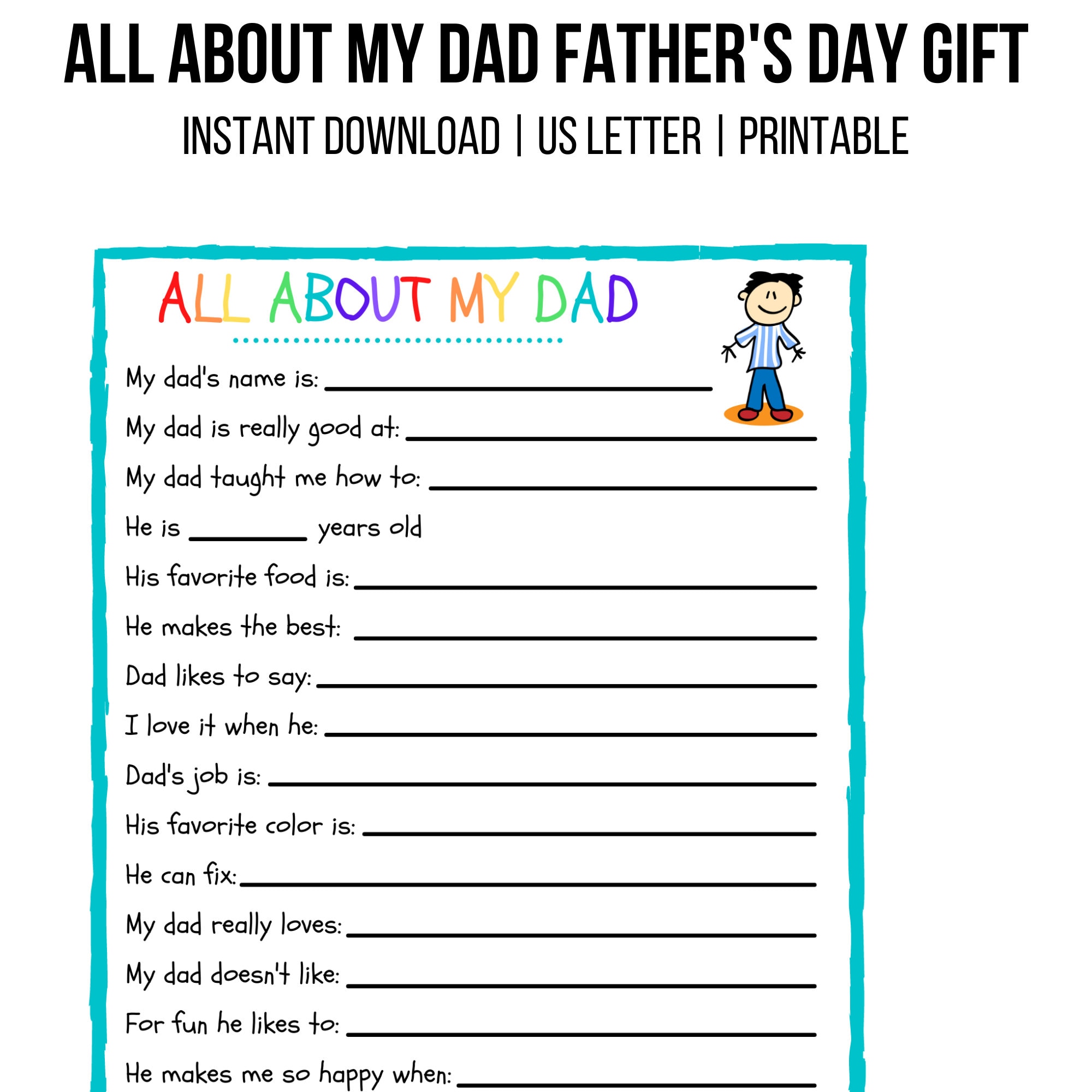 FATHER'S DAY GIFT | All About My Dad Printable | |kids Fathers Day ...