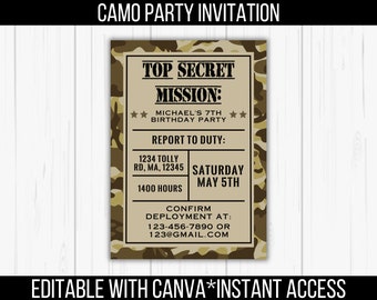May include: A camouflage-patterned invitation for a birthday party. The invitation reads "Top Secret Mission: Michael's 7th Birthday Party". It includes the date, time, and location of the party.
