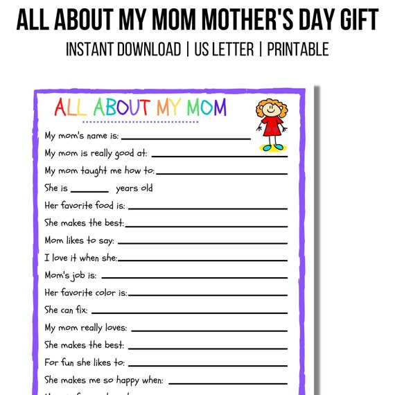 All About My Mom INSTANT DOWNLOAD | Printable Mom Gift | Mother's Day Questions | Birthday gift for Mom | Printable Mother's Day Card