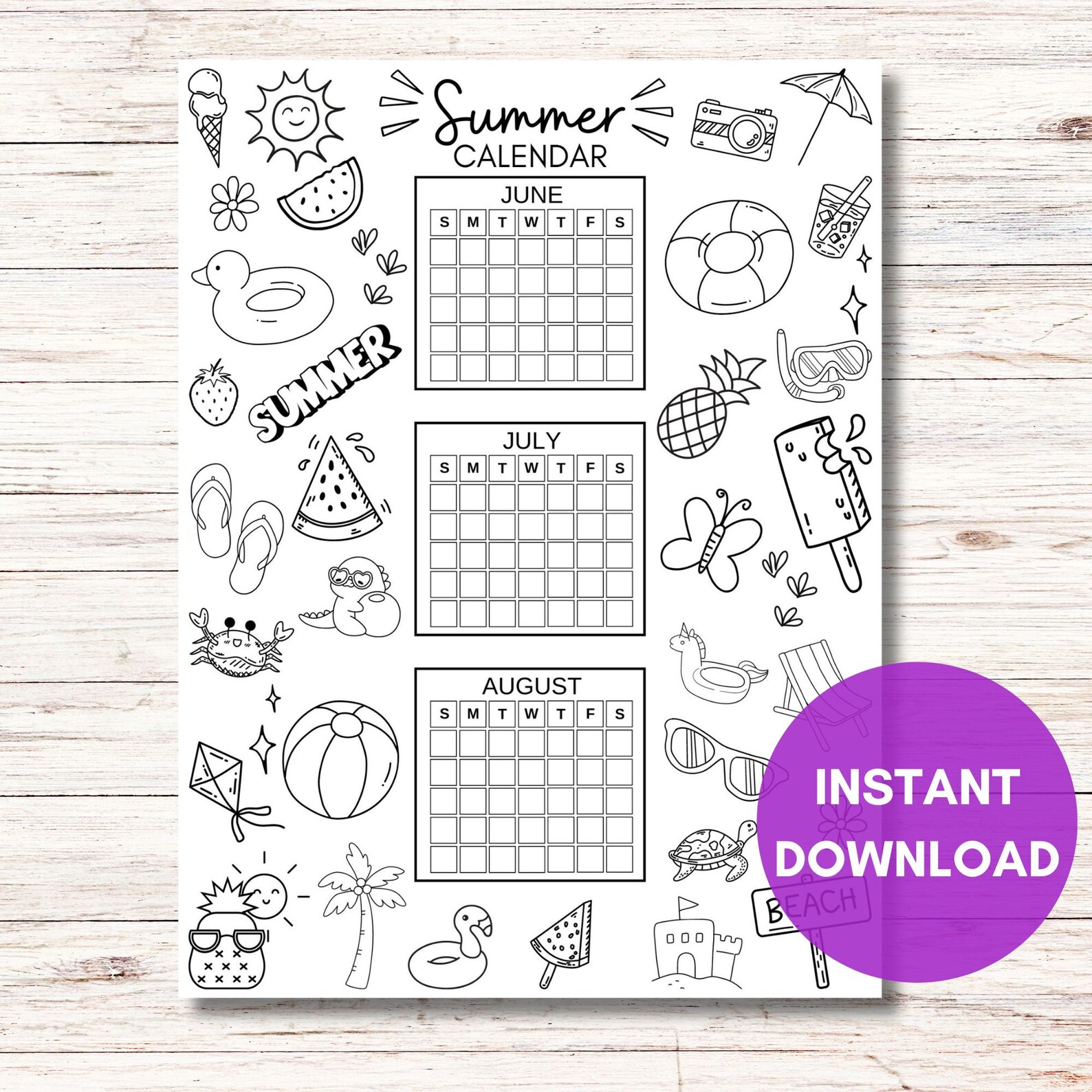Printable SUMMER CALENDAR Coloring Page Poster Printable Summer