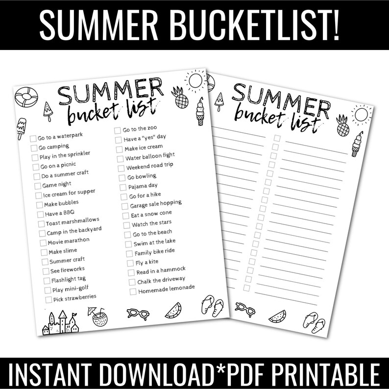 SUMMER BUCKET LIST Printablethings to Do Checklistsummer Etsy