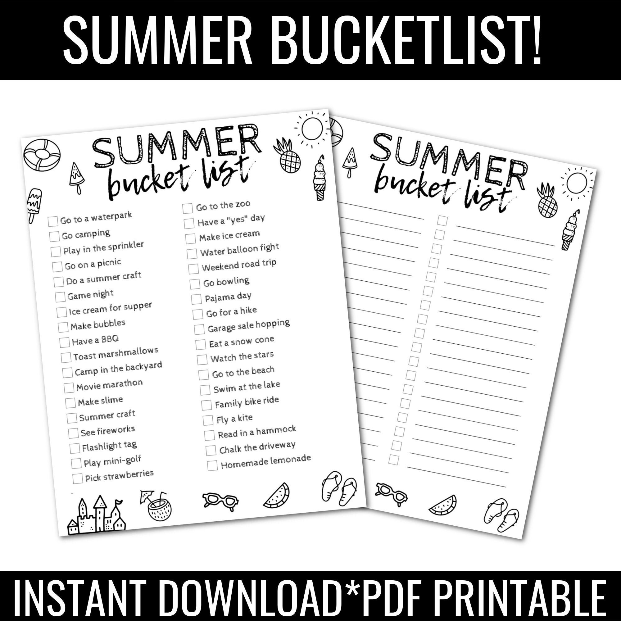 SUMMER BUCKET LIST Printablethings to Do Checklistsummer Etsy