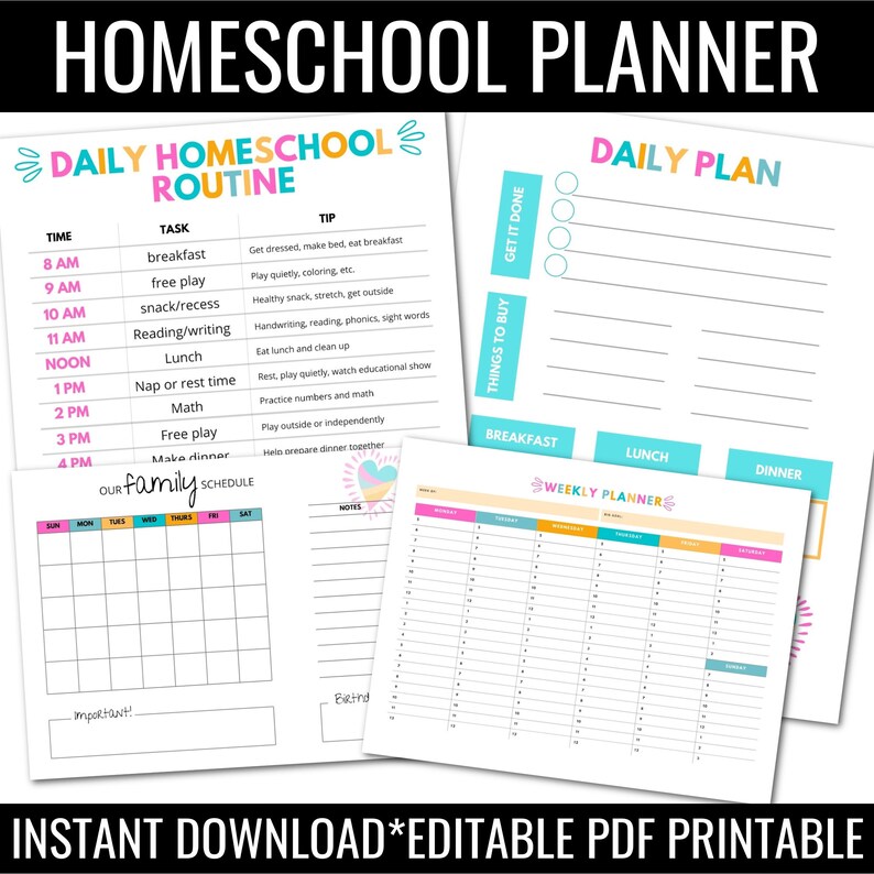 Daily, weekly, monthly HOMESCHOOL SCHEDULE Printable,Homeschool Planner,Family Planner Printable,Editable PDF,Kids Daily Routine,Family plan image 3