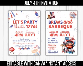 Modèle d'invitation de fête du 4 juillet modifiable de Brews and BBQ avec un design rouge blanc bleu, faisons la fête comme si c'était 1776 Téléchargement imprimable