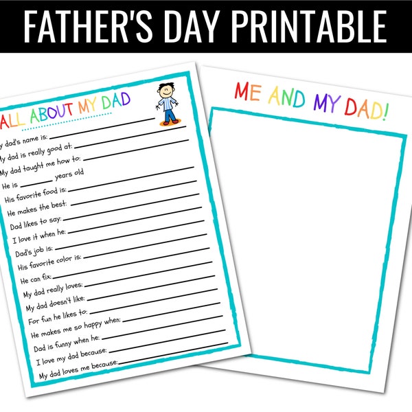 FATHER'S DAY GIFT | All About My Dad Printable | |Kids Fathers Day | Dad Gift | Fill in the blank Father's Day Card | Instant Download |