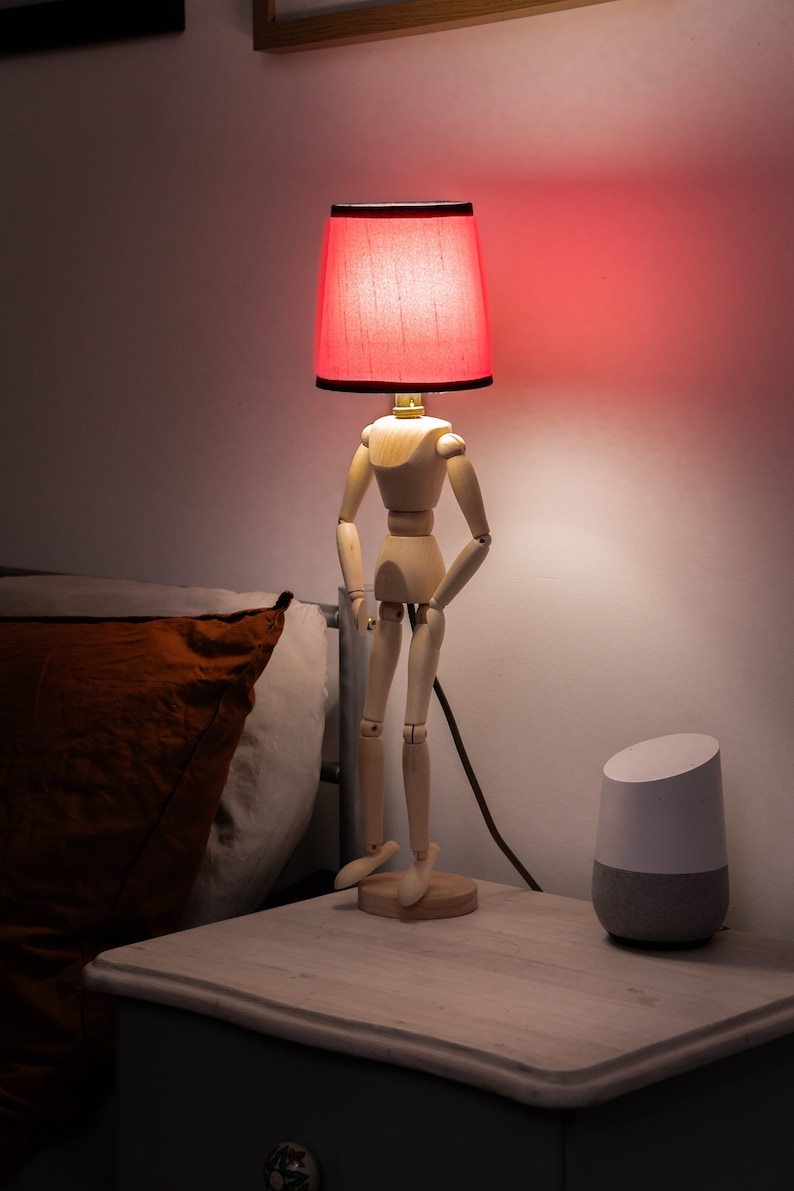 Handcrafted Wooden Mannequin Table Lamp with Luxurious Silk Lampshade - Artisan Sculptural Decor for Home or Office - Unique Boho Lighting Accent. 
Man cave lamp, Dorm light, Christmas Gift
Housewarming Gift
Desk Light, Unusual Gift, Table lamp
