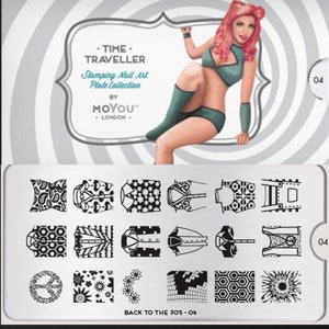 May include: A nail art stamping plate with 12 designs featuring geometric patterns, peace signs, and floral motifs. The plate is labeled "Back to the 70's - 04" and is part of the "Time Traveller" collection by "MOYOU™ - LONDON".