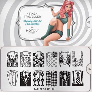 May include: A nail art stamping plate with 10 designs featuring various patterns and images of clothing from the 1920s. The plate is labeled "Back to the 20's - 02" and is part of the "Time Traveller" collection by Moyou London.