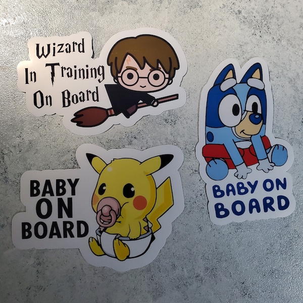 Baby on Board Sticker Waterproof - Approx- 5inx3.5in - Bluey, Pikachu, Harry Potter,  Pokémon