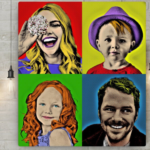 Andy Warhol Custom Portrait from Photo - Pop Art Family Portrait - Pop Art Canvas Art - 4 Family Members Warhol Portrait - People or Pets