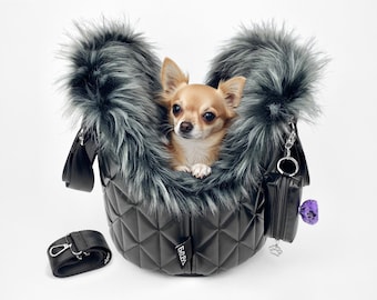 Luxury Toy Dog Carrier Black: Small Chihuahua Purse Faux Fur, Pet Travel Bag Quilted