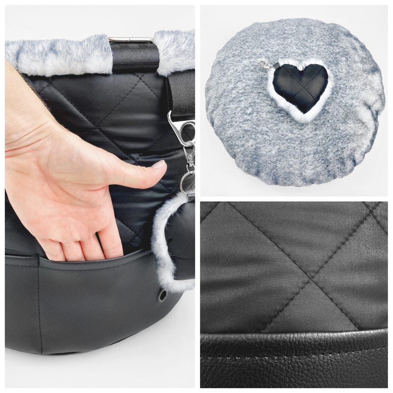 Black dog travel bag with washable cushion from gray faux fur and large outer pocket