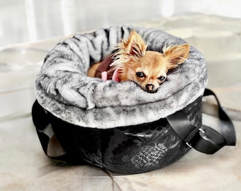 Dog carrier travel bag, pet purse black, luxury puppy handbag, portable dog bed