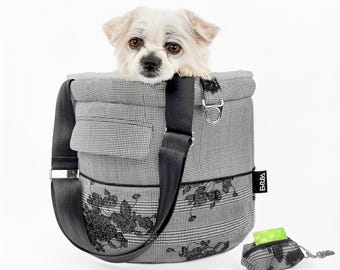 Small Lace Dog Carrier Purse: Pet Tote Bag Black Gray, Puppy Travel Pouch